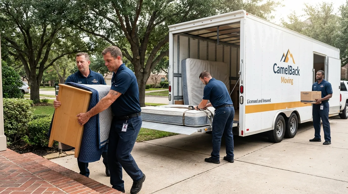 Crew loading residential truck for cross-state move from Plainview, NE