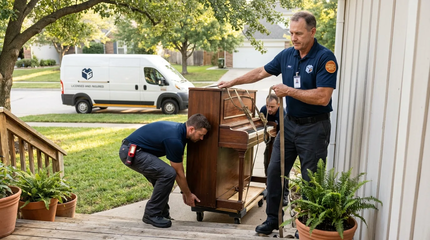 Licensed piano movers securing grand piano in Plainview, NE