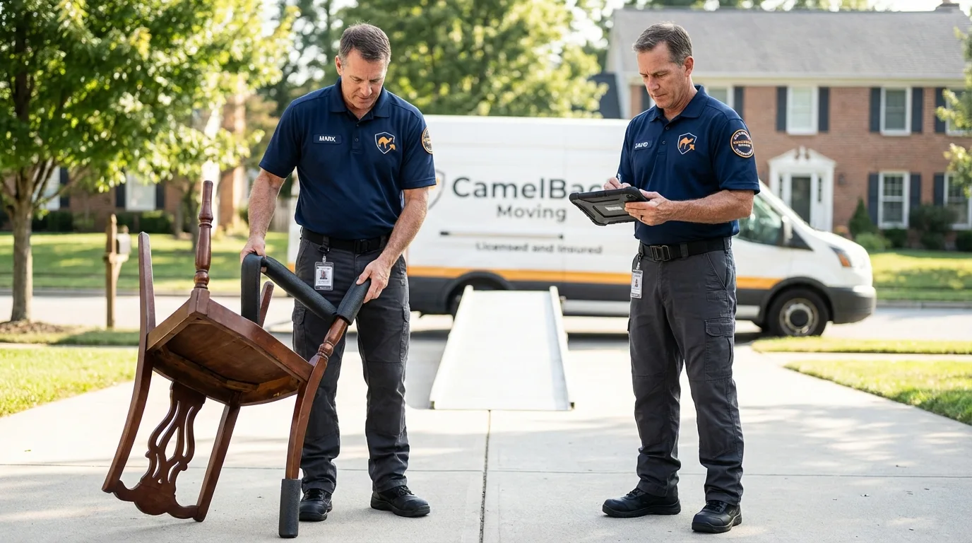Movers inspecting furniture for damage prevention before loading in Plainview, NE