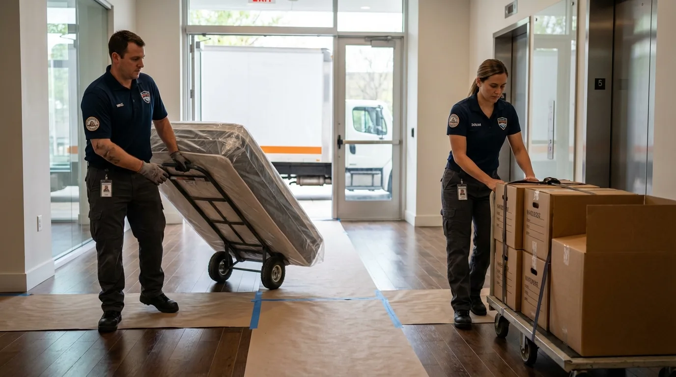 Professional apartment movers loading elevator in Plainview, NE