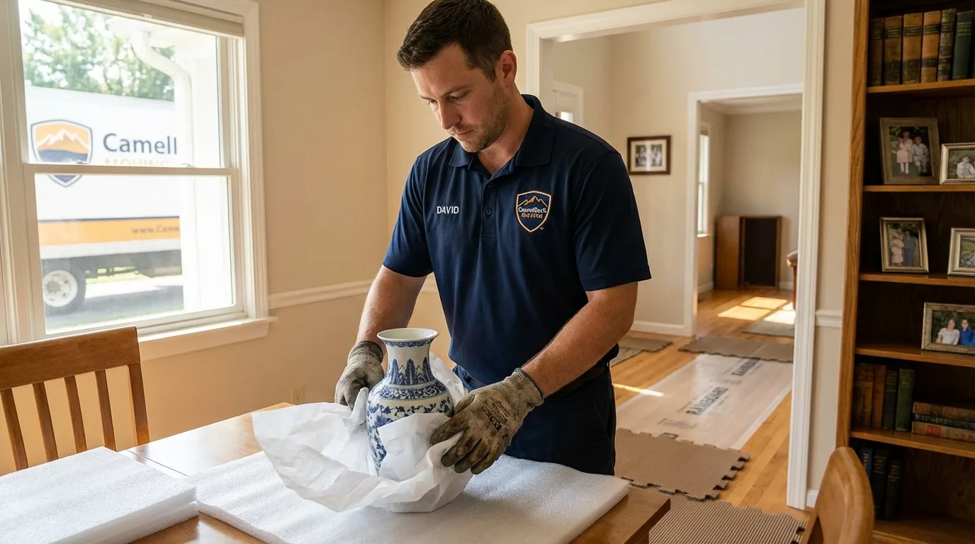 Professional crew carefully wrapping antique vase for senior downsizing move in Plainview, NE
